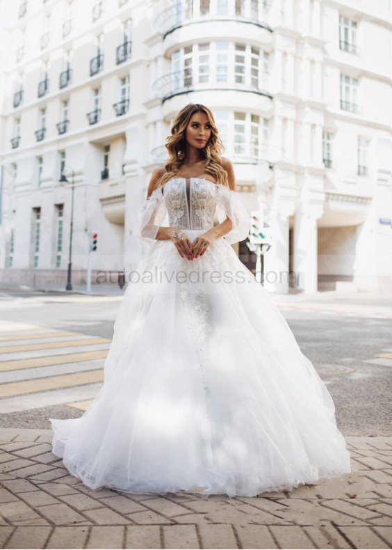 Off Shoulder White Lace Sparkle Wedding Dress